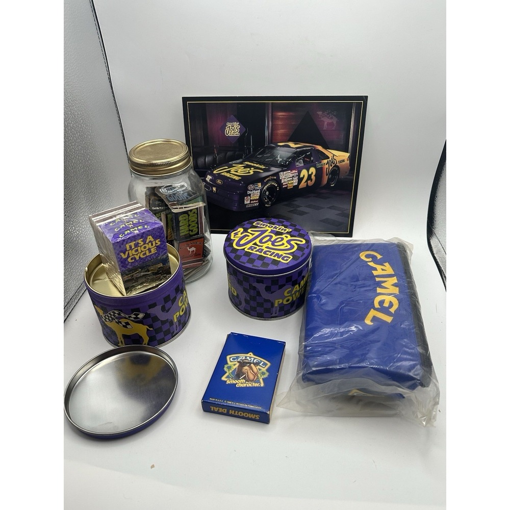 Lot Of Camel Cigarettes Joe Camel Collectibles, Mason Jar Matches, Tins, Cooler+